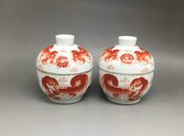 Antique Pair Copper Red And White Covered Bowls 5.5 X 4.5 Inches in Glendale, CA