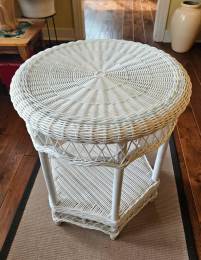 White Faux Wicker Two Tier Round Table With Glass Top Outdoor Patio Table in Los Angeles, CA